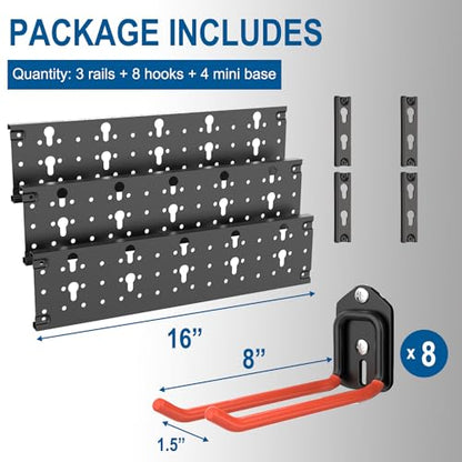 Wall Mount Garage Tool Storage Rack Folding Chair Hangers (8Hooks+3Panels+4MiniBase)