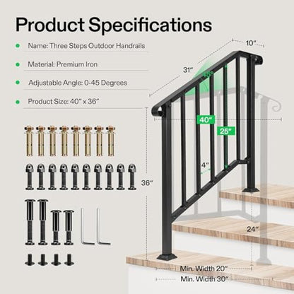 3 Step Railing 40"x36" Wrought Iron with Curved & Balusters Black (Black / 3 Steps)