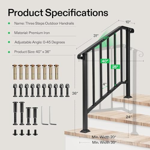 3 Step Railing 40"x36" Wrought Iron with Curved & Balusters Black (Black / 3 Steps)
