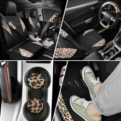 Leopard Print Faux Leather Car Seat Covers & Leopard Car Mats&Leopard Steering Wheel Cover Seat Belt Pad Universal Car Accessories for SUV (Leopard combo)