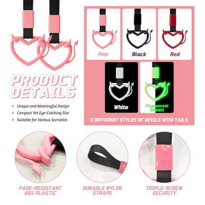 2 Pcs Devil Heart Shaped Car Handle Strap (Pink-Tail)