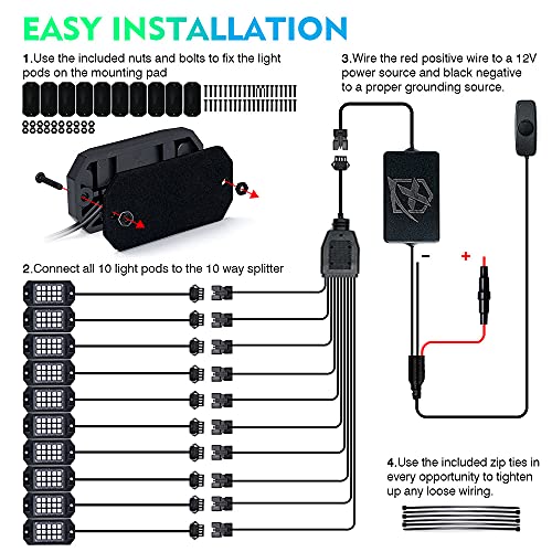 Bluetooth Rock Lights Multicolor Neon Accent Lights Underglow Kits (10 Pods / Standard Housing)