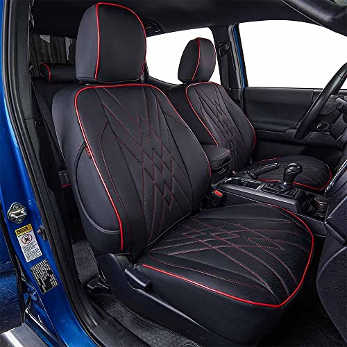 Custom Fit Tacoma Front Car Seat Covers for Toyota Tacoma 2016 2017 2018 2019 2020 2021 2022 2023 Double Cab (Leather (Black with Red Trim) / 2016-2023 Double&Access Cab-Only 1st Row)