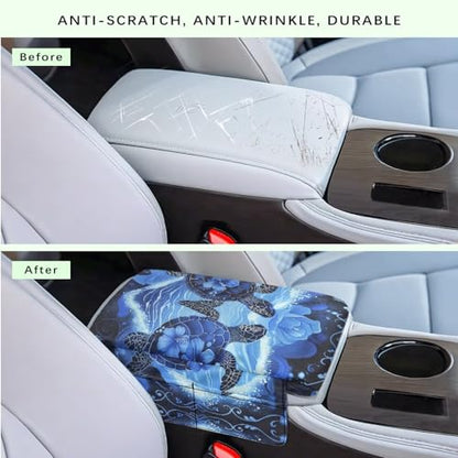 Sea Turtle Hibiscus Car Center Console Cover Soft Armrest Cover Cushion with Pockets Storage Bag Scratch Resistant Arm Rest Covering Middle Console Pad Car Decor (Sea Turtle Hibiscus Blue)