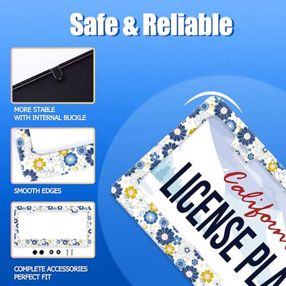 White Blue Hippie Flowers License Plate Frame Colorful Floral License Plate Holder Funny Car Accessory Decoration 12.3"x6.3" for Women (White Blue Hippie Flowers)