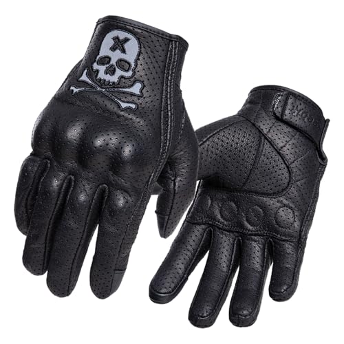 Goatskin Leather Motorcycle Motorbike Powersports Racing Gloves Reflective Skull Touchscreen for Men and Women Model (HEE1 / Small)