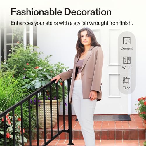 5 Step Railing 69"x36" Wrought Iron with Curved & Balusters Black (Black / 5 Steps)