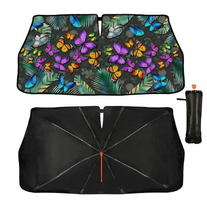 Tropical Butterfly Car Windshield Sunshade Umbrella Car Foldable Umbrella Sunshade for Front Window UV Reflector Auto Windshield Umbrella Sun Shades Cover for Most Vehicles 57'' X 30'' (57'' X 30'' / style-AB25)