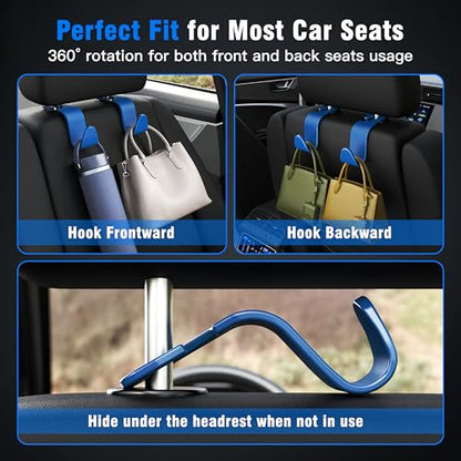 4 Pack Car Headrest Hooks Holds 55lbs Seat Storage Organizer for Bags (Blue)
