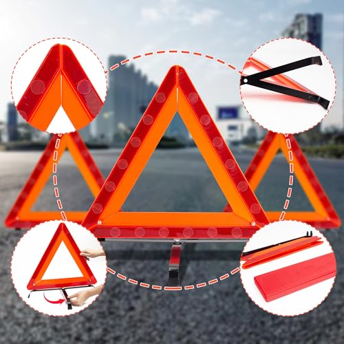 3Pack Car Warning Triangle Heavy Reflective Warning Road Safety Triangle Kit Suitable for car Breakdown and Temporary Parking on the Road (Red-M-3)