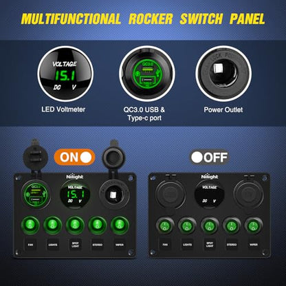 5 Gang Multi Function Waterproof Switch Panel Green (Waterproof Type C + USB Green)
