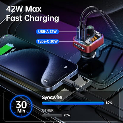Bluetooth 5.4 FM Transmitter Car Adapter 42W [Light Switch] [Stronger Dual Mics] [HiFi Deep Bass] [Fast Charging] Wireless FM Radio Music Adapter Hands (Red)