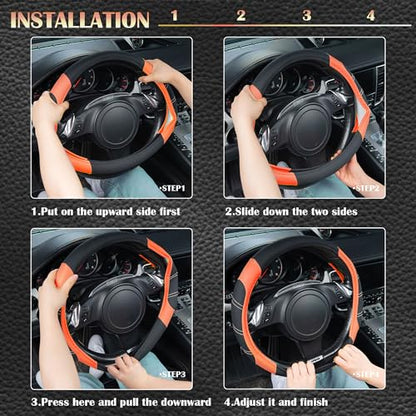 Line Rider Microfiber Leather Sporty Steering Wheel Cover Universal Fits for 95% Truck (Black＆Orange / Standard[14.5"-15"])