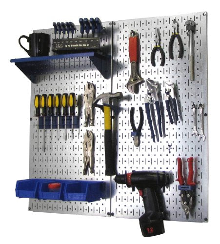 Metal Pegboard Organizer Utility Tool Storage and Garage Pegboard Organizer Kit with Metallic Tool Board and Blue Accessories (Metallic Pegboard Blue Accessories)