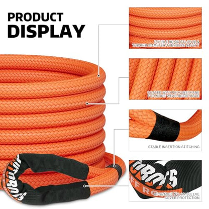 Kinetic Recovery Rope 1" x 20ft Tow Rope with 2 Soft Shackles (1"x20' Rope +2 Soft Shackle)