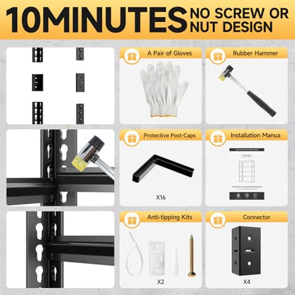 5 Tier 60”W X 20”D X 72”H Garage Shelving Heavy Duty 3000LBS Shop Shelves Heavy Duty Adjustable Unit Rack Metal Rack (Black-visible Hole / 60"W x 20"D x 72"H)