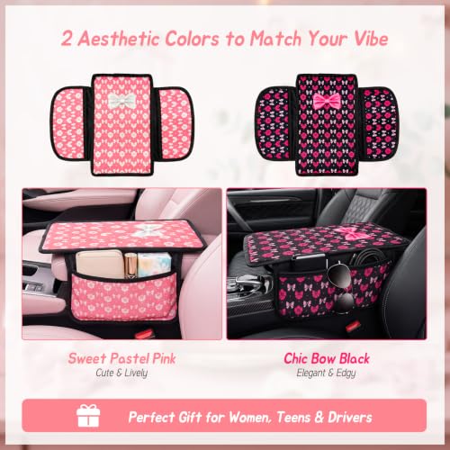 Pink Bow Car Center Console Armrest Cover with 2 Side Pockets (Bows-Whitek&Pink)
