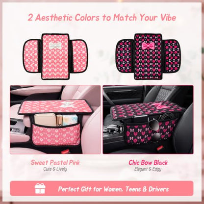 Pink Bow Car Center Console Armrest Cover with 2 Side Pockets (Bows-Whitek&Pink)