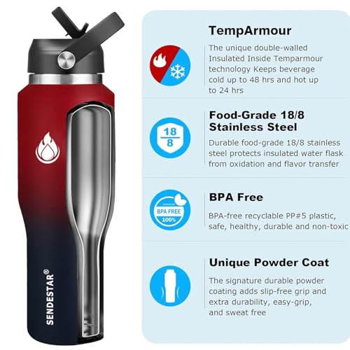 40oz Water Bottle Wide Mouth Stainless Steel Vacuum Insulated Double Wall with 2 Straw Lids Fit in Any Car Cup Holder (Carbon Red / 40 Ounces)