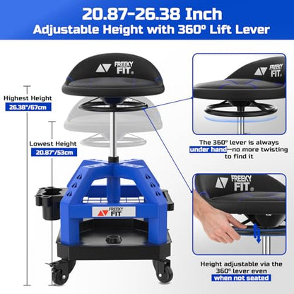 Rolling Shop Stool for Garage with Casters (Blue With Magnetic Tool Hold)