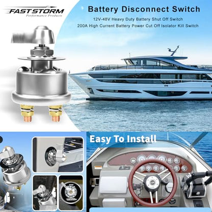 200A Battery Disconnect Switch 12V 48V Battery Shut Off Switch Master Power Isolator Marine On Off Kill Switch for Car (200A Battery Disconnect Switch with Cable)