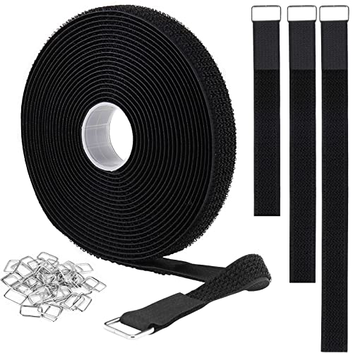 1"x16ft Hook and Loop Straps with 25 Metal Buckles (1in x 16ft Black)