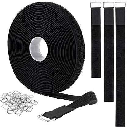 1"x16ft Hook and Loop Straps with 25 Metal Buckles (1in x 16ft Black)
