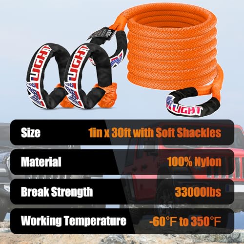 Kinetic Recovery Tow Rope Kit with 2 Soft Shackle 1" x 30ft Heavy Duty Offroad Tow Rope Snatch Strap Towing Strap kit (1in x 30ft Rope+2Pcs Shackles / Straps)