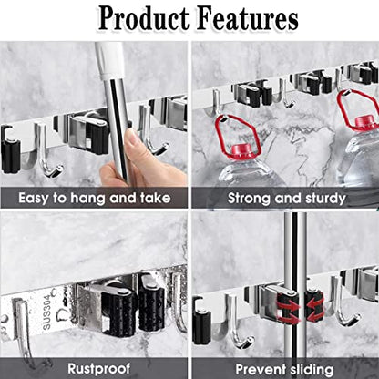 Broom Holder Wall Mount (5 Racks & 4 Hooks (Silver) - 1 Pack)