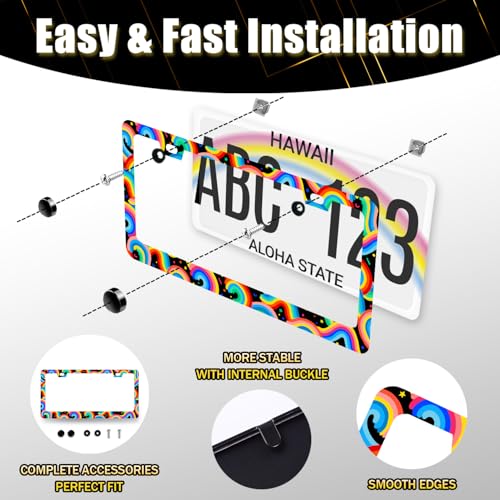 Stainless Steel Colorful Boho Rainbow License Plate Frame 12.2 x 6.2 Inch (Cute Boho Rainbows)