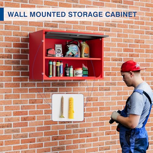 Metal Storage Cabinet Black Red Wall Cabinets with Shelf and Locking Door (15.7"D x 31.5"W x 21.6"H / Black&red)