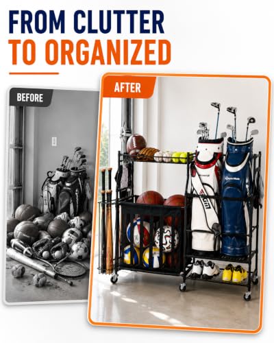 Rolling Ball Storage Rack and Sports Equipment Organizer (Black, 56.2"Lx15.4"Wx37.2"H)