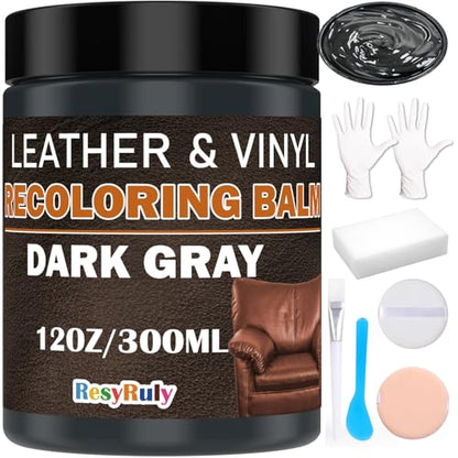 Dark Gray Recoloring Balm Leather Vinyl Auto Dash Board Car Interior Seats Paint Furniture Dye Color Restorer Refinish Shoes Sofa Gloves Jacket Purse Bag Couch Stain Fade Scratches Peeling Repair Kit (Dark Gray)