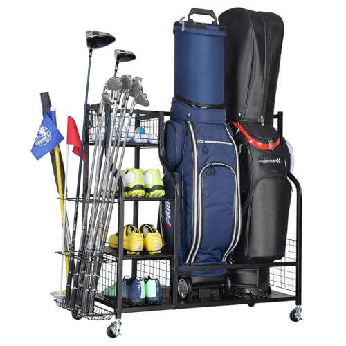 2 Golf Bag Rack Garage Storage Organizer Metal Black Golf Clubs Stand (Black(For 2 Golf Bags+Wheels))