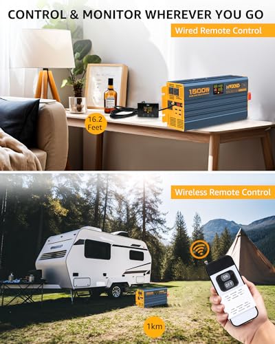 1500W/3000W(Peak) Power Inverter Pure Sine Wave DC 12V to 110V 120V AC Converter 3 AC Outlets Car Inverters with 4 USB Fast Charging Ports, LCD Display and Remote Controller for Truck RV (1500W- 12V)