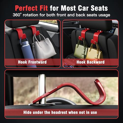 4 Pack Car Headrest Hooks Holds 55lbs Seat Storage Organizer for Bags (Red)