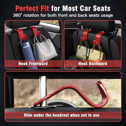 4 Pack Car Headrest Hooks Holds 55lbs Seat Storage Organizer for Bags (Red)
