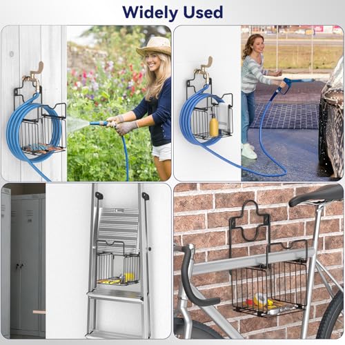 Garden Hose Holders for Outside Metal Water Hose Holder Wall Mount Hose Hanger with Storage Basket Heavy Duty Waterhose Holder for Outside Hose Rack Outdoor Hose Caddy Hook for Garden Organizer Black (Black)