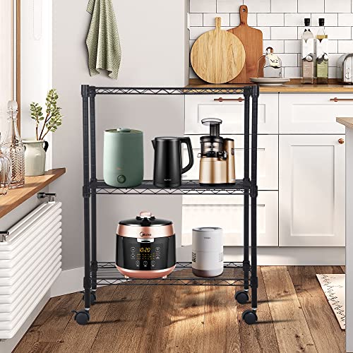 3 Tier Wire Shelf with Wheels (Black / 23"D x 13"W x 31"H)