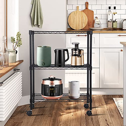 3 Tier Wire Shelf with Wheels (Black / 23"D x 13"W x 31"H)