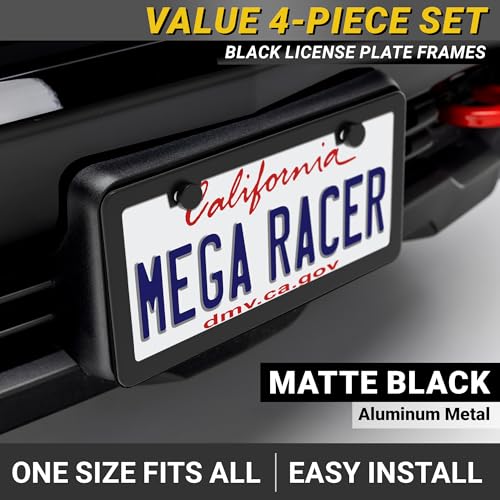 Premium Slim Matte Black License Plate Frames (Black / 4 Piece)