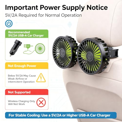 Dual Head USB Car Cooling Fans for Backseat Kids 3 Adjustable Speeds (Black+Silver)
