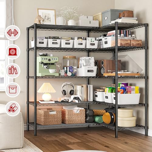 5 Tier Heavy Duty Wire Shelving Unit (Black-13.8"D x 58"W x 59"H-5 Tier)