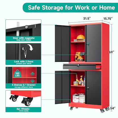 Metal Storage Cabinet with Wheels and Drawer (73"H x 31.5"W x 16"D / Red Black)
