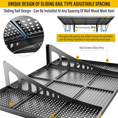 2Pack 2x3ft Adjustable Metal Garage Wall Shelving Heavy Duty Garage Storage Shelf Wall Mounted Black (2x3ft-2Pack / Black)
