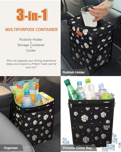 Car Trash Can with Lid Leakproof Car Garbage Bag Vehicle Trash Bin (2.8 Gallons / Black Flower)