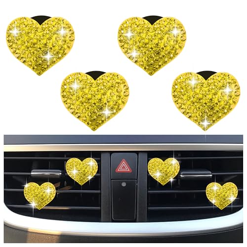 4PCS Heart Shaped Car Vent Clips with Rhinestone (Yellow)