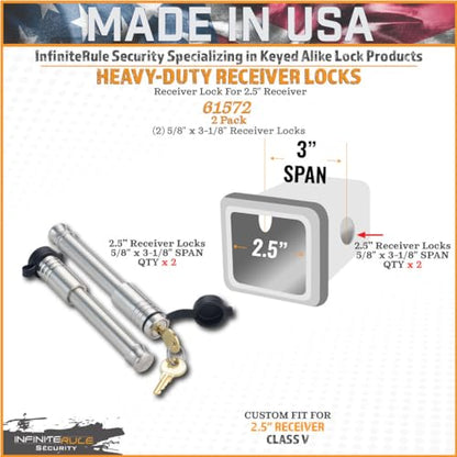 61572 | 2 Pack, Keyed Alike, Receiver Locks for 2" and 2.5" Receiver Class III, IV, V and Gen-Y Hitch Mega Duty 10K LB & 16K LB (Fits: 2" And 2.5" Receiver Class III, IV, & V / 2PK (2) Receiver Locks)
