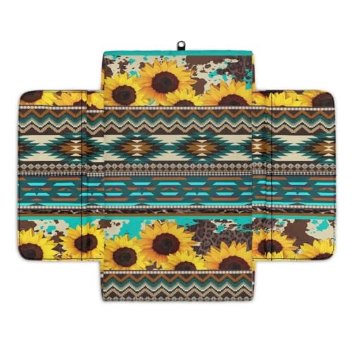 Aztec Sunflower Blue Auto Center Console Cover Soft Armrest Box Pad Protector Middle Console Cover with Pockets Storage Bag Hand Rest Pillow Car Interior Decor Accessories (Aztec Sunflower Blue)