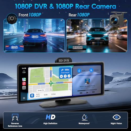 10.26" Portable Wireless CarPlay & Android Auto Screen for Car Stereo with 1080P Dash Cam & Backup Camera